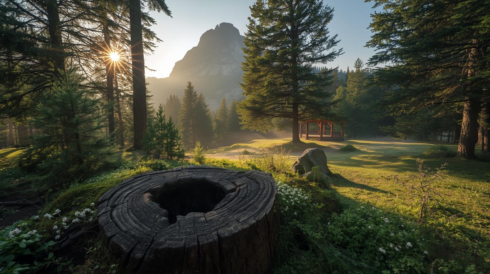 Stimmungsvoller Wald im Stille Wald Mittenwald mit Sonnenstrahlen, alten Baumstümpfen und einer ruhigen Umgebung, ideal für naturnahe Bestattungen.