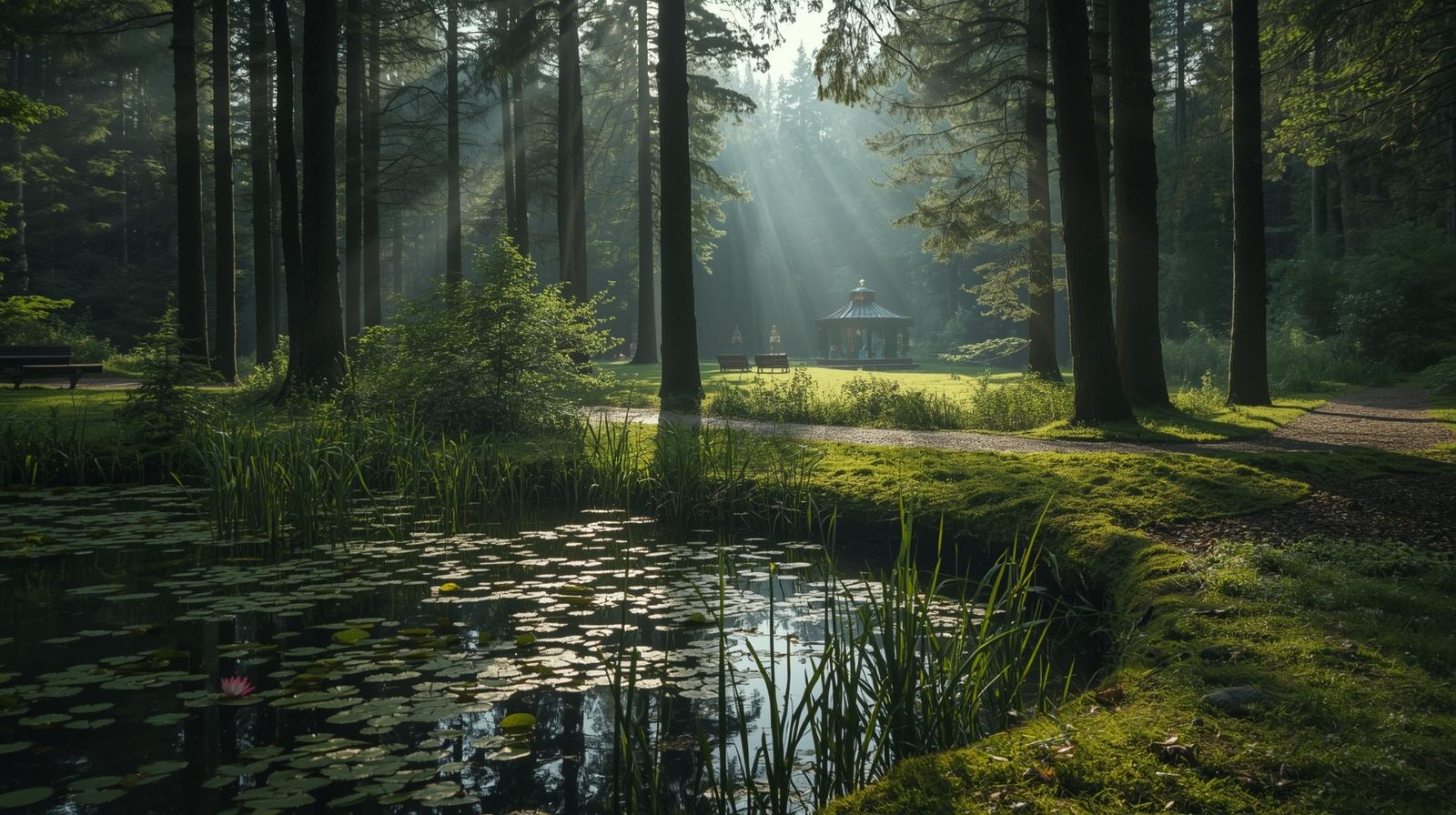 Waldruh Dietramszell, naturnaher Waldfriedhof mit ruhiger Umgebung, Lichtstrahlen durch Bäume, Teich mit Seerosen, Bänke und Pavillon im Mischwald.