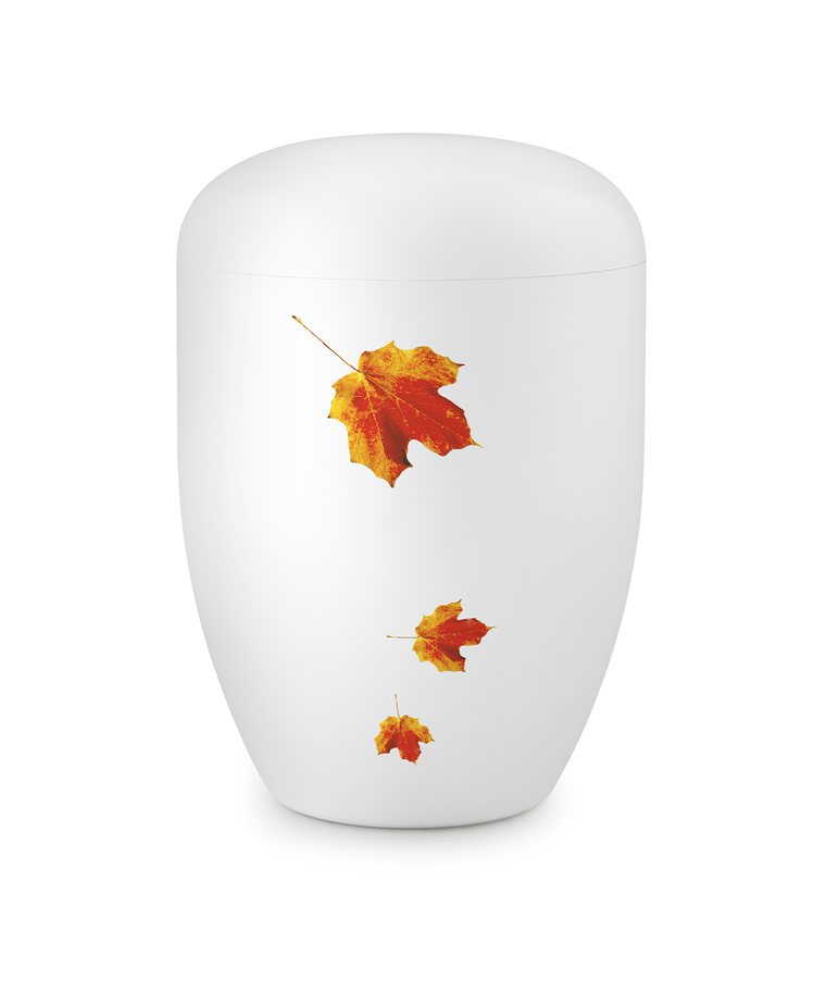 Biologisch abbaubare Urne mit Herbstlaub-Motiv für die Naturbestattung