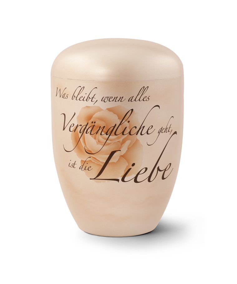 Biologisch abbaubare Urne mit Rosenmotiv und Spruch für die Naturbestattung
