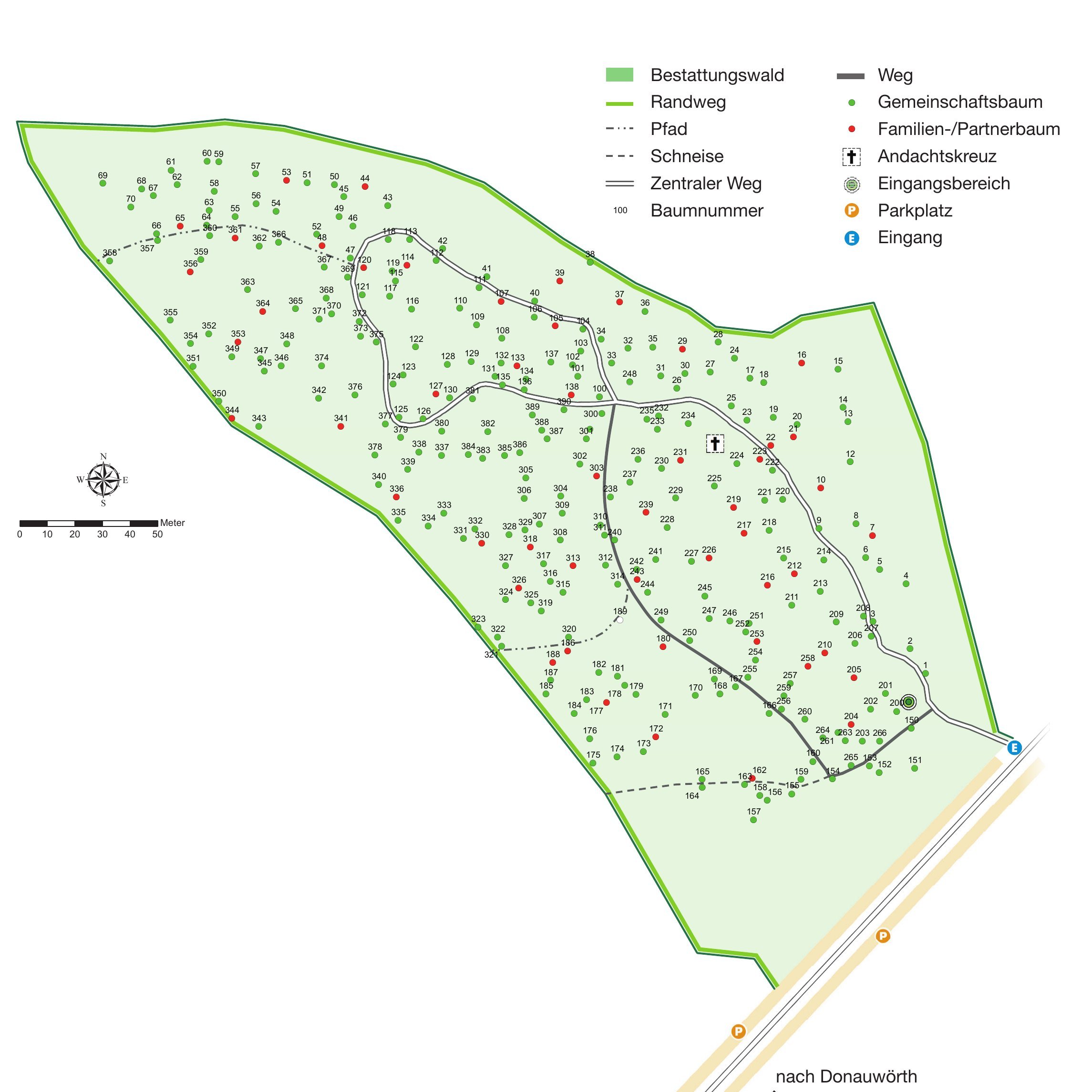 Lageplan des Bestattungswalds Silva Terra mit Baumnummern, Wegen, Andachtskreuz, Eingang und Parkplätzen